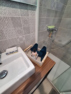 Chuveiro, secador de cabelo, toalhas de banho, papel higiênico