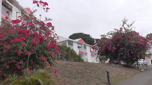 A residential area with houses, a staircase, and bougainvillea plants. - Ocean view, 2-minute walk to the beach (Le Moule)