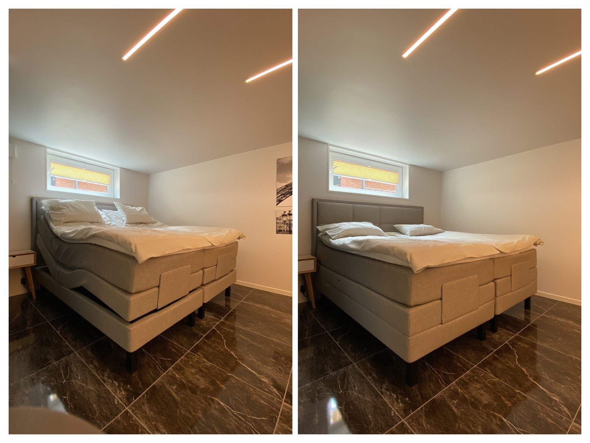 Een slaapkamer met een bed, een raam en een nachtkastje.