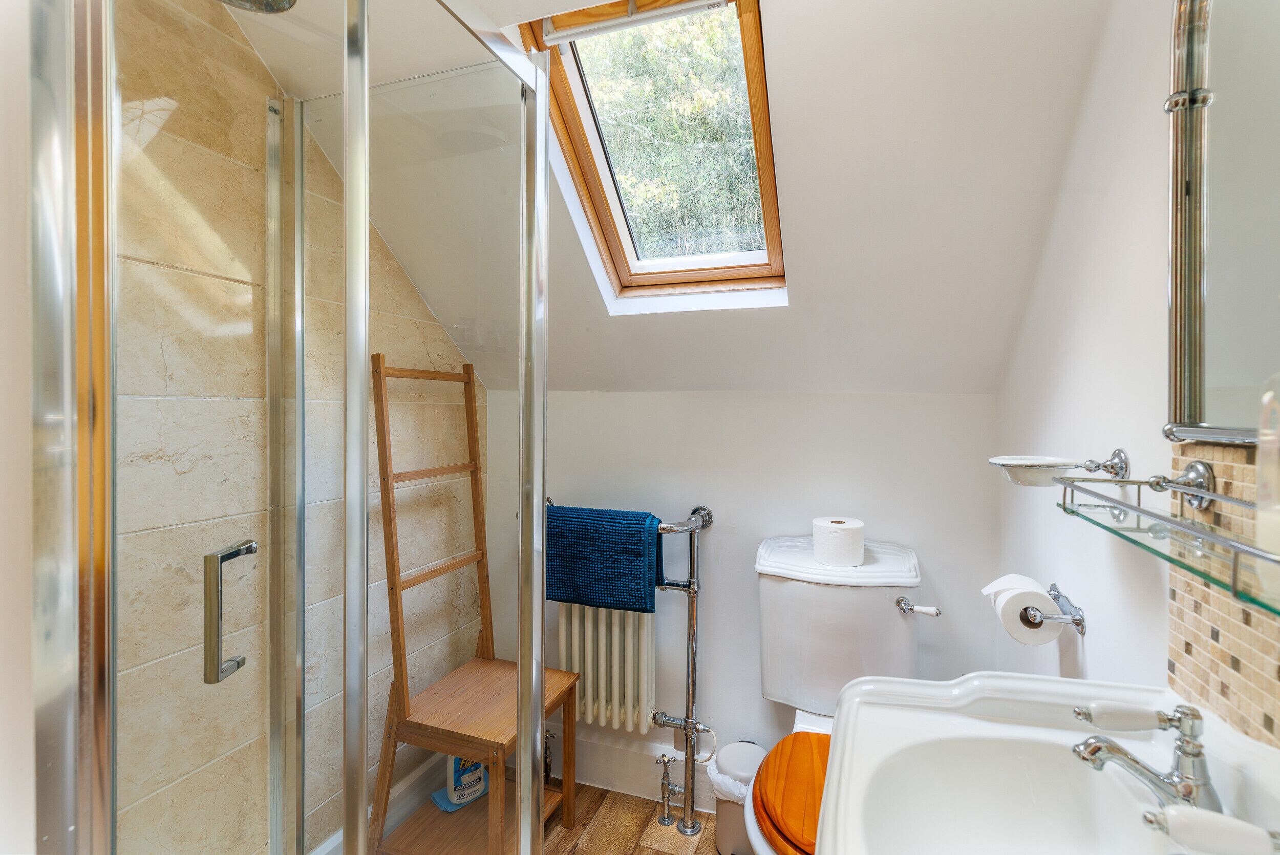 A bathroom with a glass shower enclosure, a wooden ladder, a towel rack, a toilet, and a sink with a mirror.
