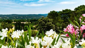 Un jardin agrémenté de fleurs blanches et roses, un sentier et une vue sur des collines et des arbres lointains.