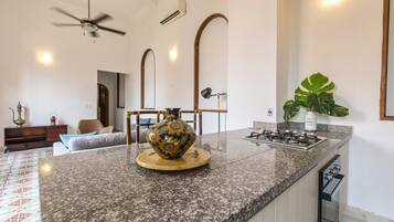A kitchen with a granite countertop, a gas stove, and a sink. There is a ceiling fan, a wall-mounted air conditioner, and a large plant.
