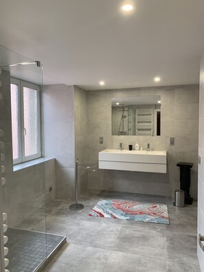 Douche, séchoir à cheveux, serviettes fournies, papier de toilette