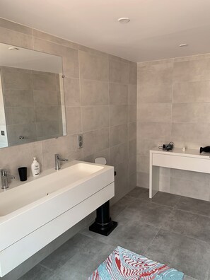 Shower, hair dryer, towels, toilet paper