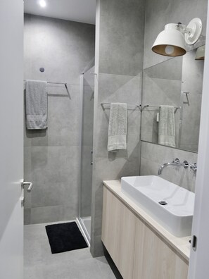Shower, hair dryer, towels