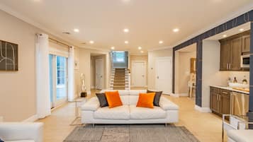 Télévision, cheminée, chaîne hi-fi