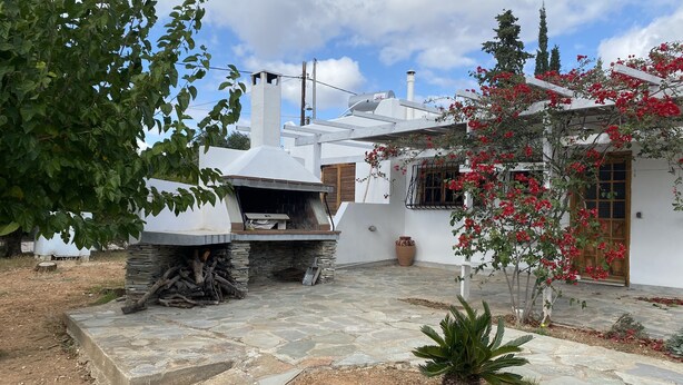 Un patio de piedra con un horno de piedra, un edificio blanco con puerta de madera y una planta roja con flores.