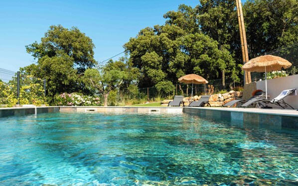 A clear swimming pool with lounge chairs and umbrellas, surrounded by trees and a stone wall.