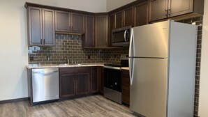 A modern kitchen with dark wooden cabinets, a stainless steel refrigerator, a built-in microwave, and a dishwasher. - NEW, NEW, NEW!  Wabasha downtown studio113 Pembroke Ave Unit #102 (Wabasha)