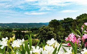 A garden with white and pink flowers, a pathway, and a view of distant hills and trees.