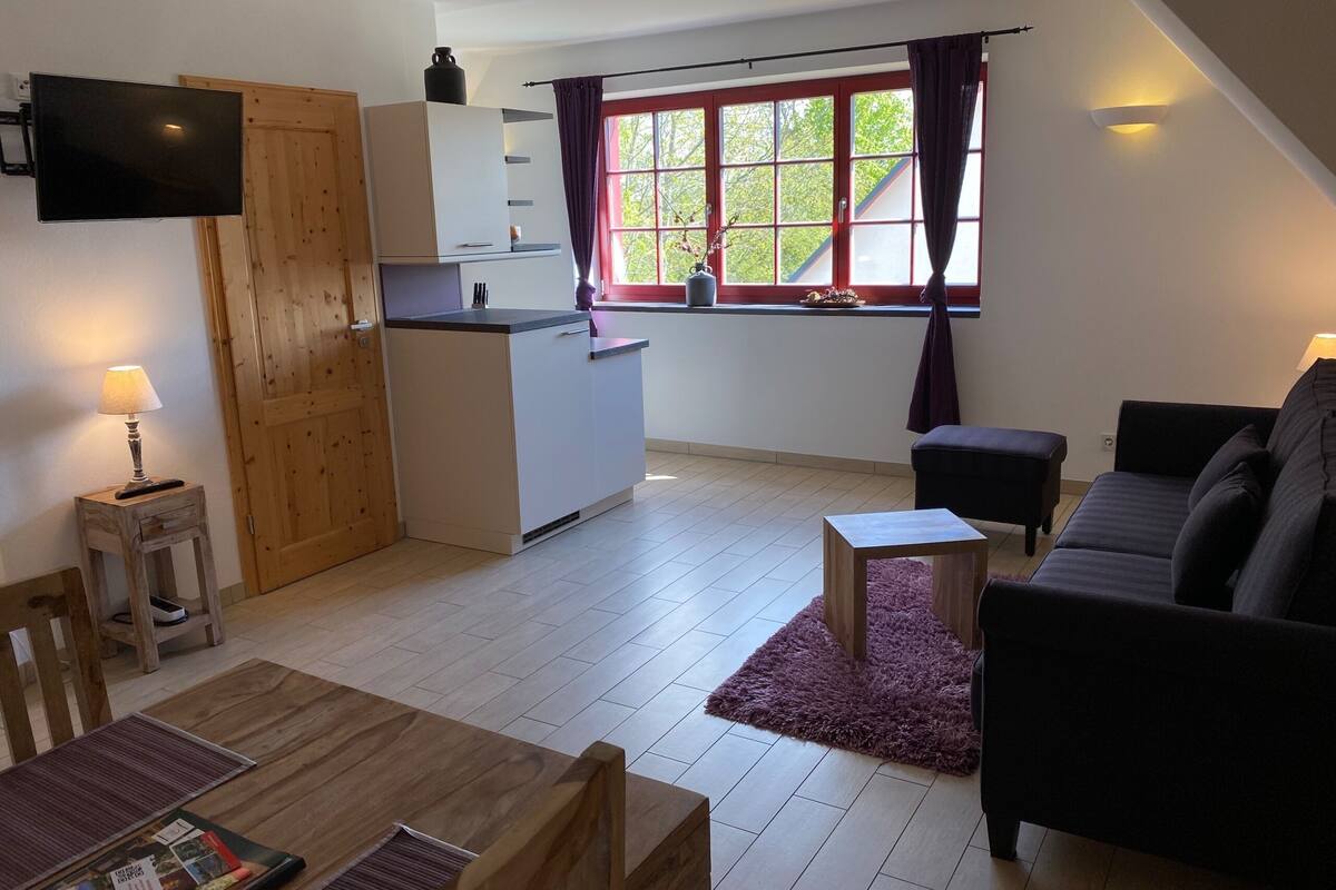 Un espace de vie compact comprenant un coin cuisine, un espace repas avec une table et des chaises, un canapé et une fenêtre avec des rideaux.