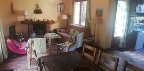 Télévision, cheminée, lecteur de DVD, livres