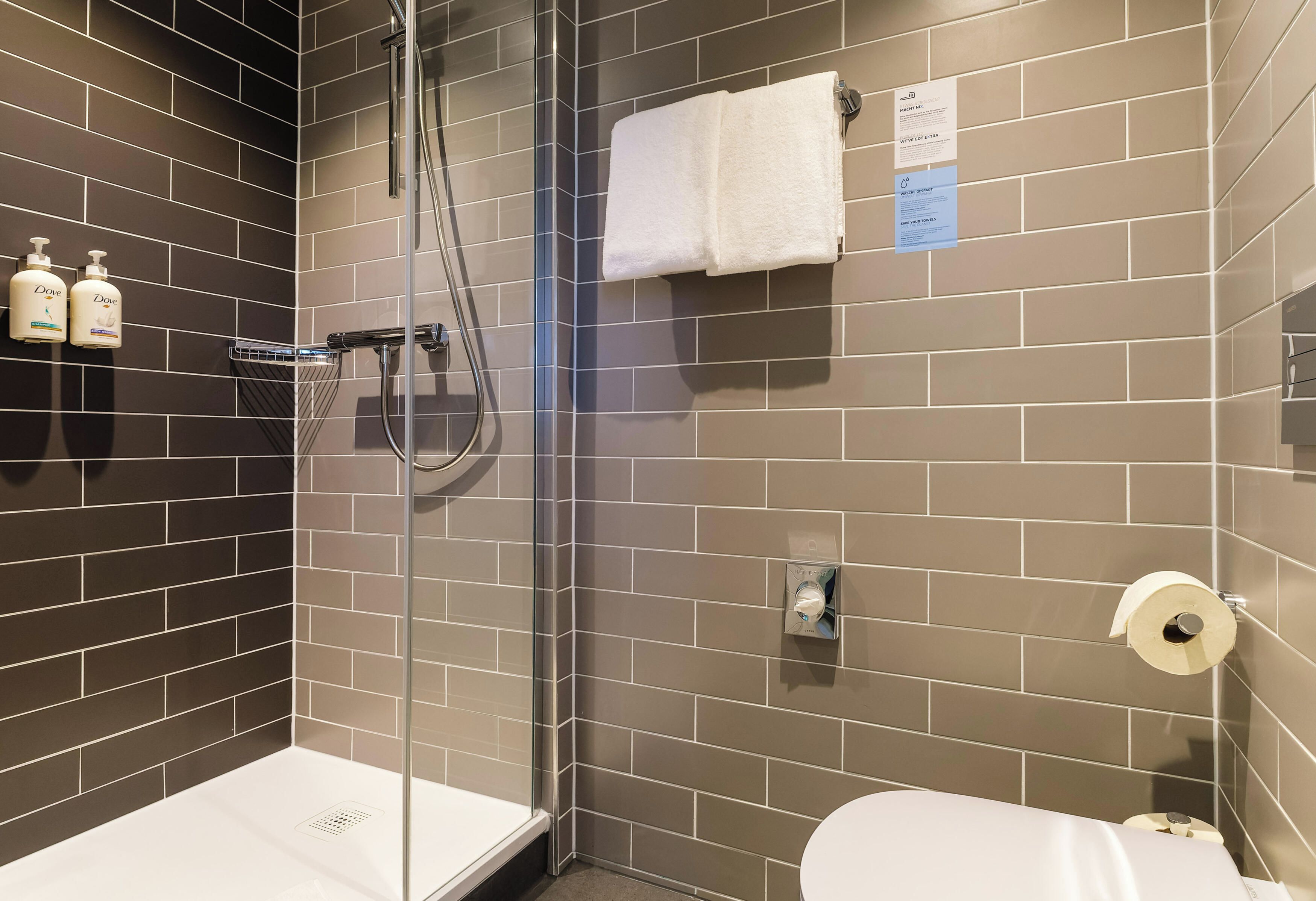 A modern bathroom with a glass-enclosed shower, a toilet, and Dove shampoo bottles on a shelf.