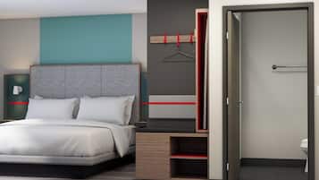 A modern hotel room with a bed, a wardrobe with a red accent, and a bathroom visible through an open door.