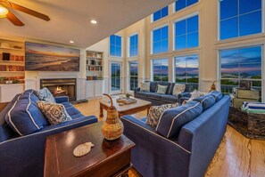 Smart TV, fireplace, books