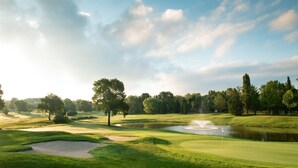 Un campo de golf con un estanque, árboles y una bandera en el green.