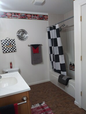 Combined shower/bathtub, hair dryer, towels, soap - "THE SHOP" retro 60's (Keosauqua)