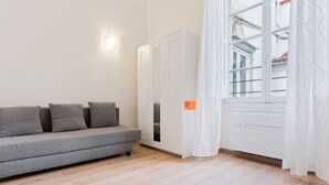 A room with a grey sofa, a white wardrobe, and a window with curtains. - GuestHost - Modern and cozy 25 sqm studio apartment, ideal for two people, located on the 2nd floor of a characteristic period building without lift. The property is located within the Traffic-Restricted Area of the historic center and is the ideal solut (Firenze)