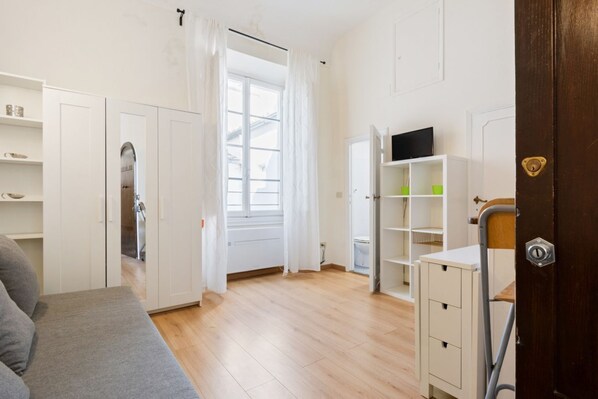 A room with a bed, a wardrobe, a TV, and a door.