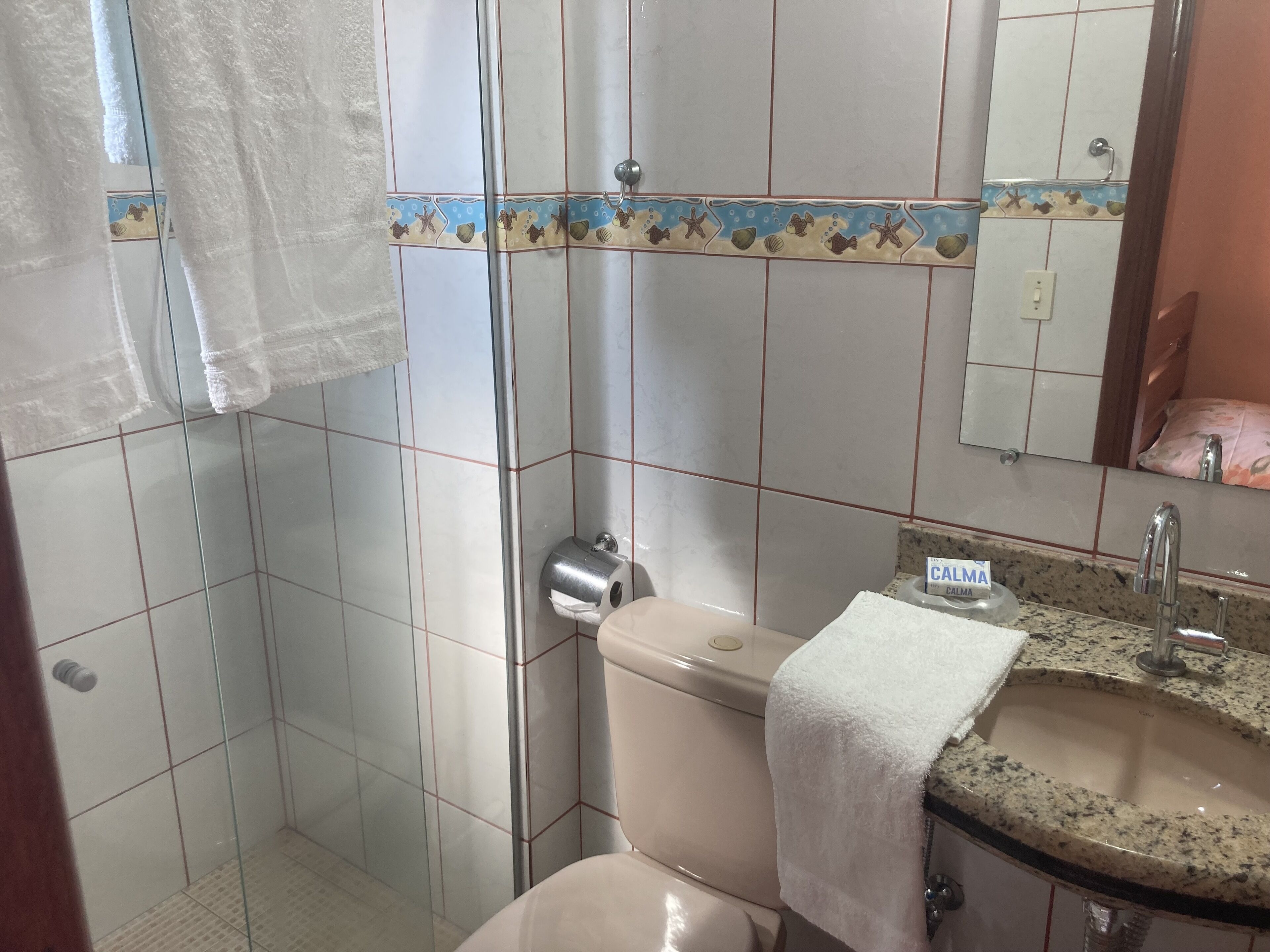 Un baño con inodoro, lavamanos y ducha.