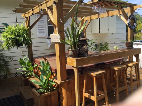 Terrace/patio - Cozy country cottage with pool, hot tub and tiki hut near Gulf beaches (Hudson)