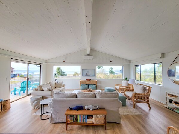 Smart TV, fireplace, books, music library