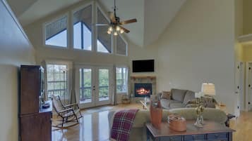 智能電視、壁爐、DVD 播放機、書籍