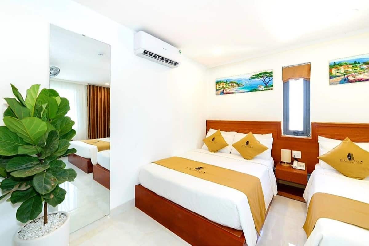 Habitación de hotel con dos camas, un espejo grande, un equipo de aire acondicionado y una planta en maceta.