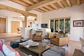 Televisio, takka, työhuone