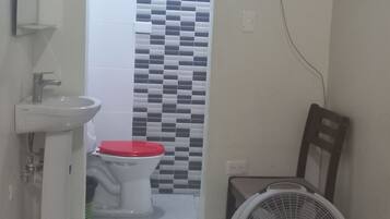 Combined shower/tub, towels