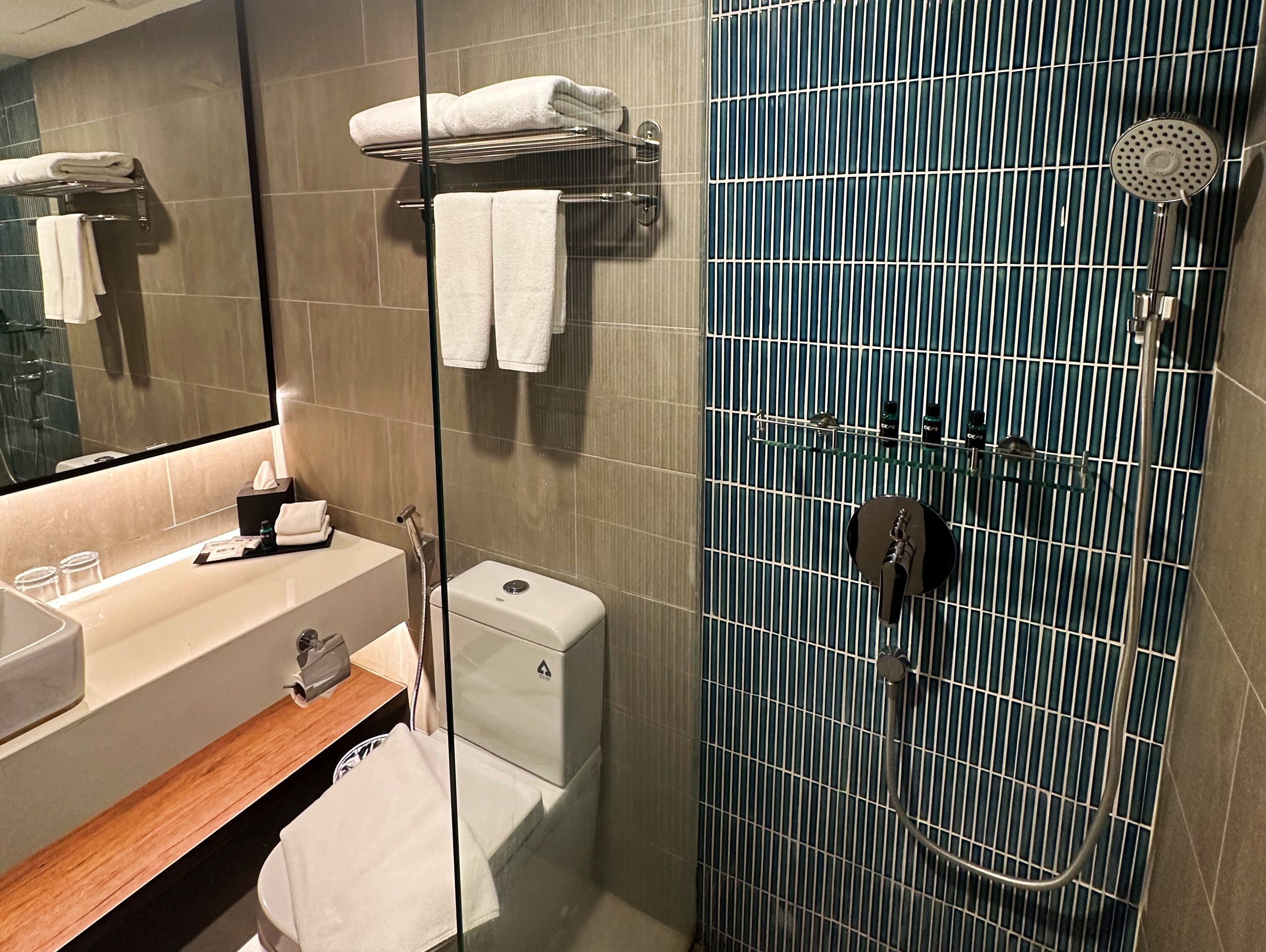 A modern bathroom with a glass shower enclosure, a toilet, and a vanity with a mirror.