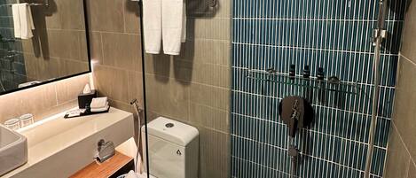 A modern bathroom with a glass shower enclosure, a toilet, and a vanity with a mirror.
