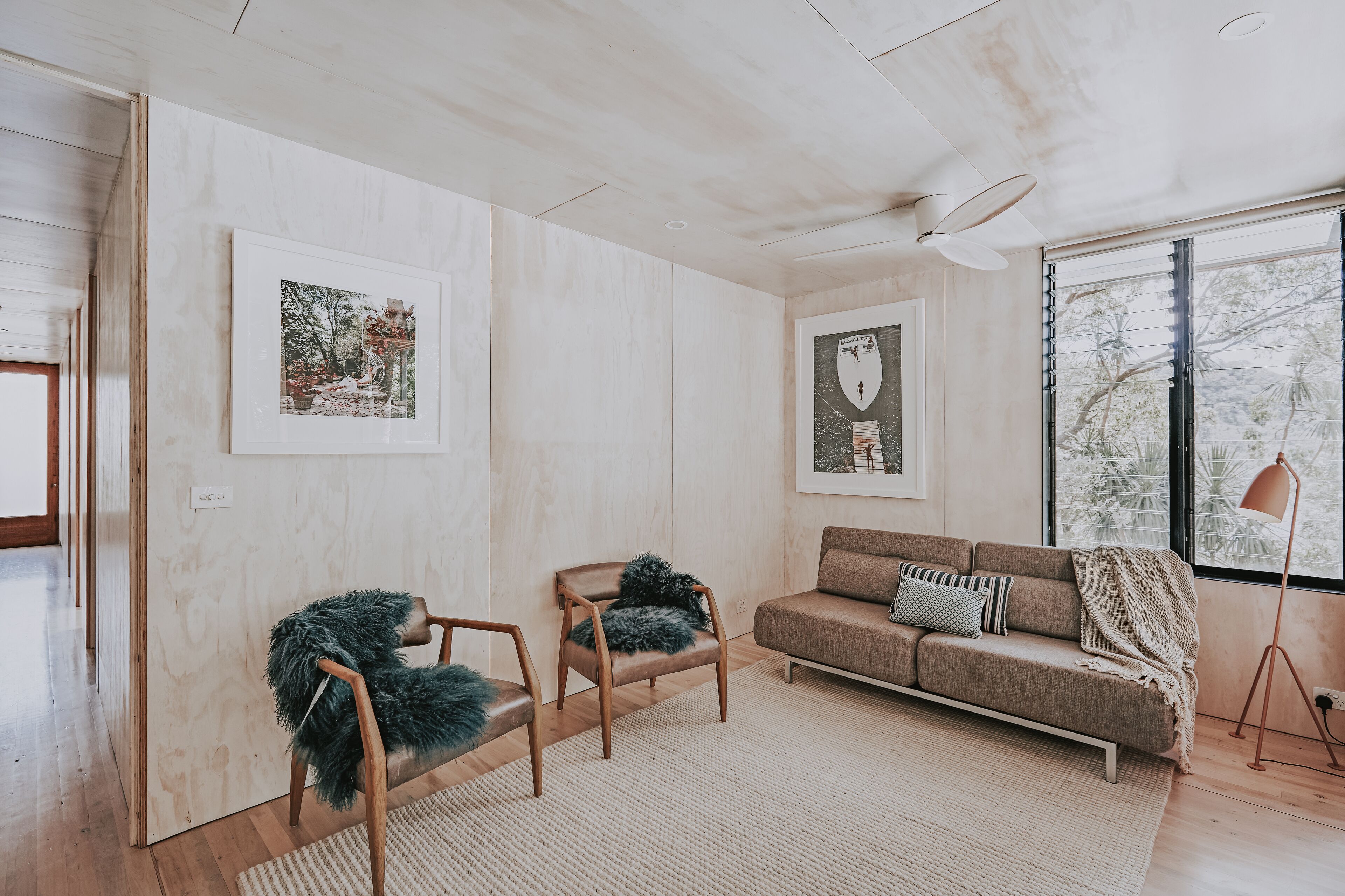 The downstairs living room, with a king sofa bed. 
