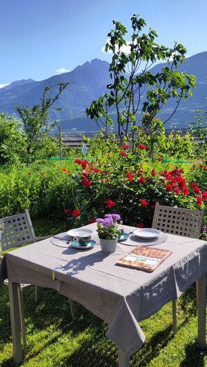 Outdoor dining - Holiday Apartment Vitus with Mountain View, Wi-Fi, Garden & Terrace (Tscherms)