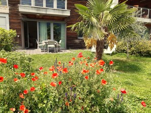 A modern building with a patio, a dining area, and a garden with red poppies.