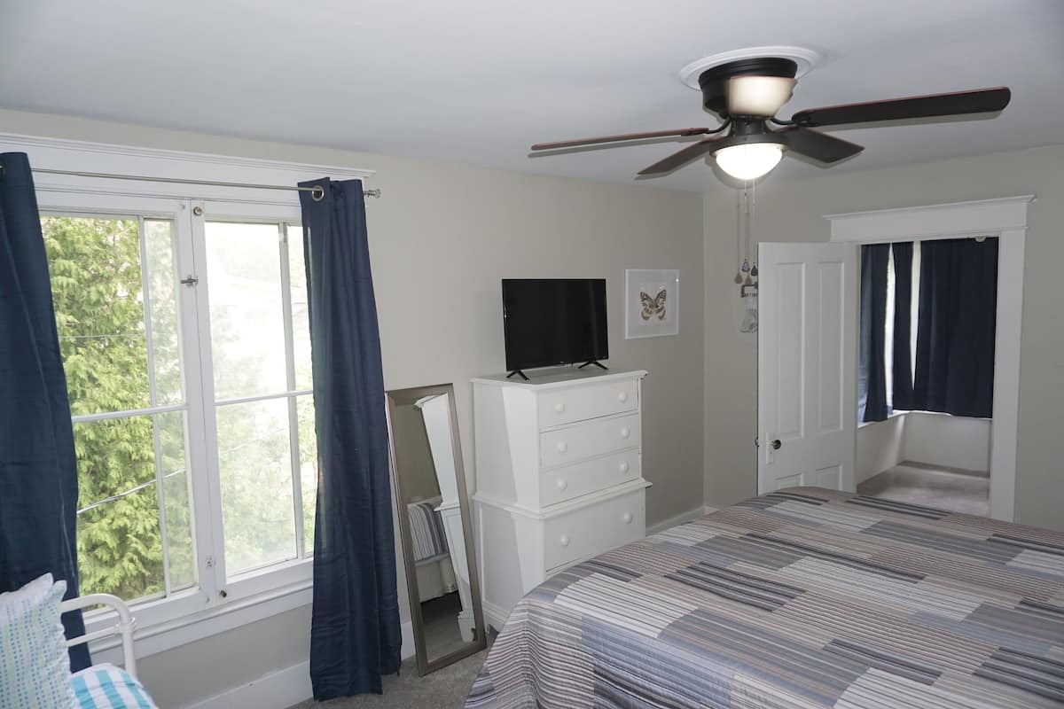 A bedroom with a bed, a dresser, a ceiling fan, a TV, and a window with curtains.