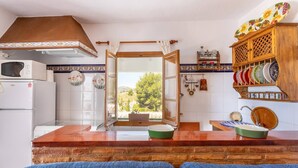 Une cuisine avec un comptoir en bois, un four à micro-ondes, un réfrigérateur, une fenêtre donnant sur un beau paysage et une étagère remplie d’assiettes.