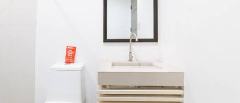A bathroom with a white sink, a mirror above it, and a toilet.