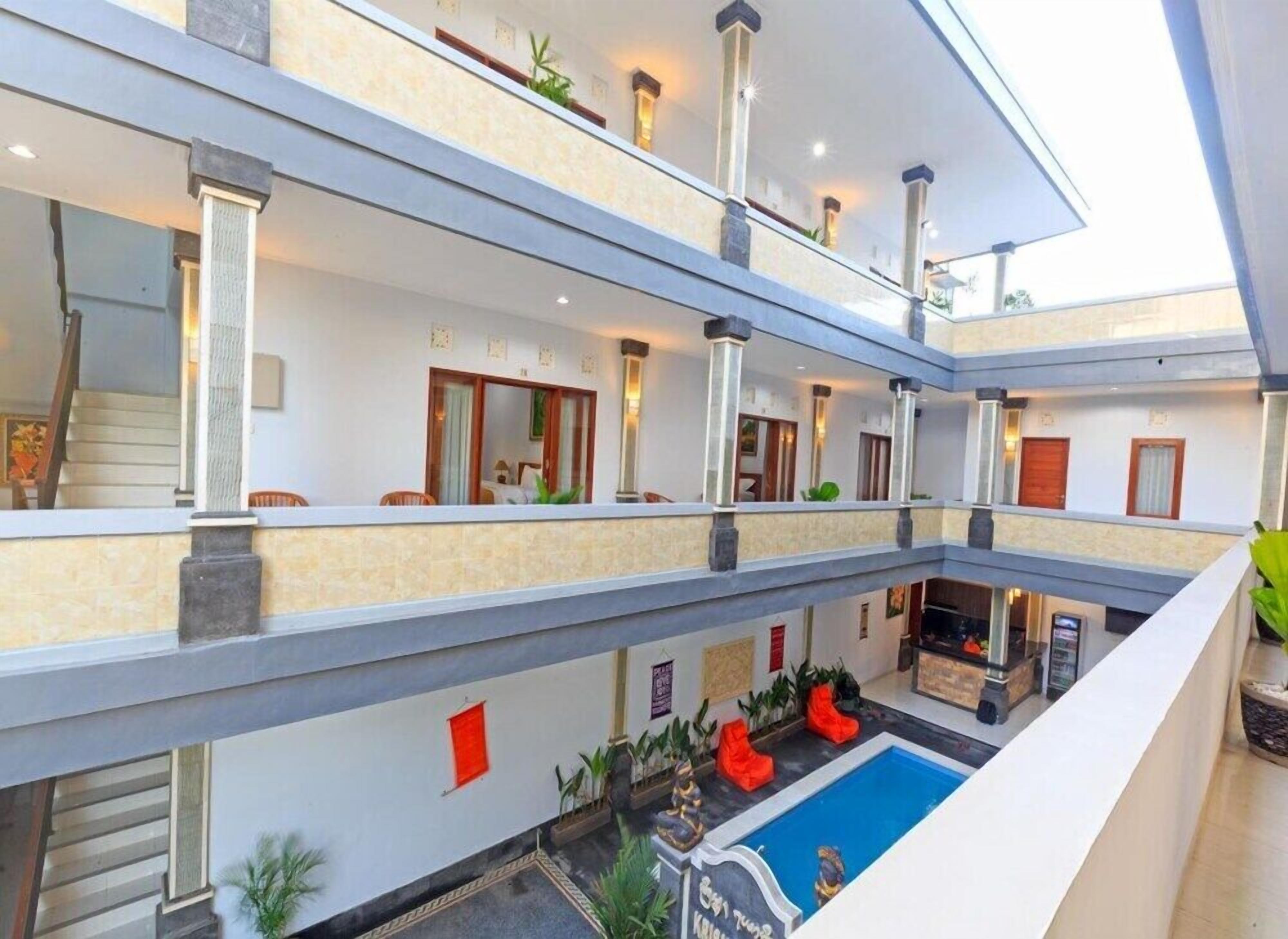A multi-level hotel interior with a central pool, balconies, and a staircase.
