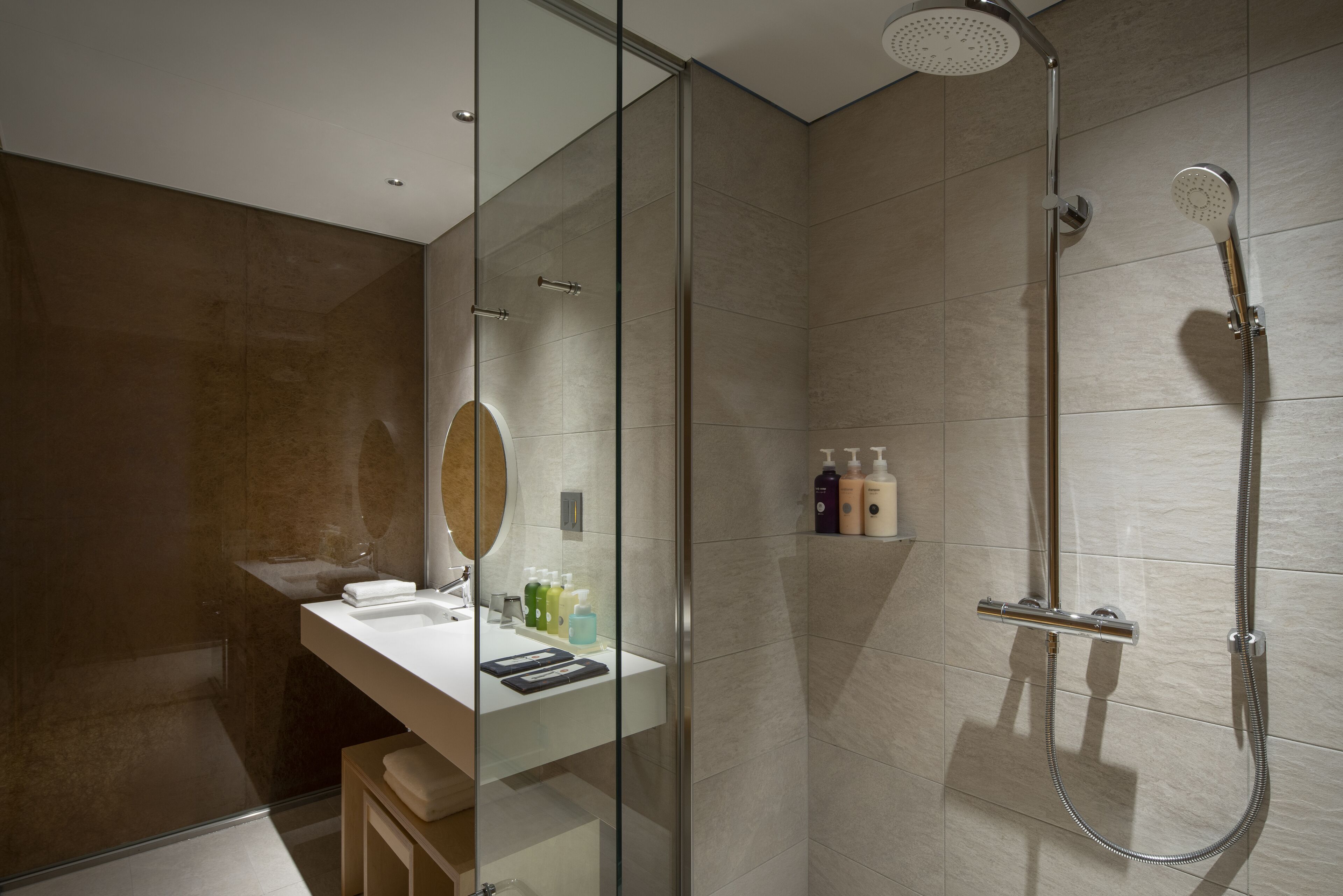 A modern bathroom with a glass shower enclosure, a white sink, and a mirror.