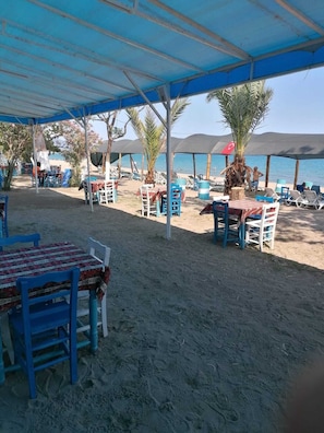 A beachside restaurant with outdoor seating, palm trees, and a view of the sea.