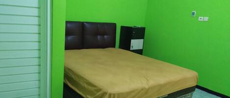Une pièce avec un lit, un mur vert et une porte fermée.
