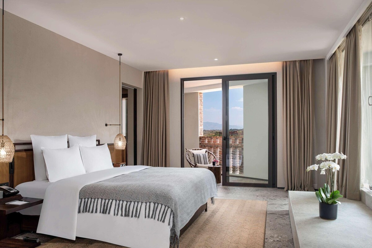 Habitació d'hotel moderna amb un llit gran, escriptori, balcó amb vistes i una planta en test.