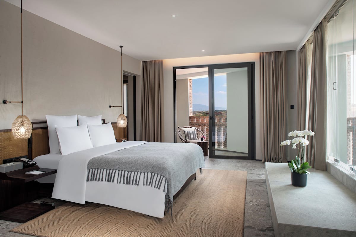 A modern hotel room with a large bed, a small table, a potted plant, and a view of the city.