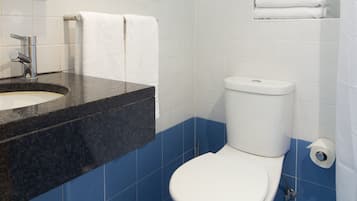 Klassieke eenpersoonskamer | Badkamer | Een douche, een haardroger