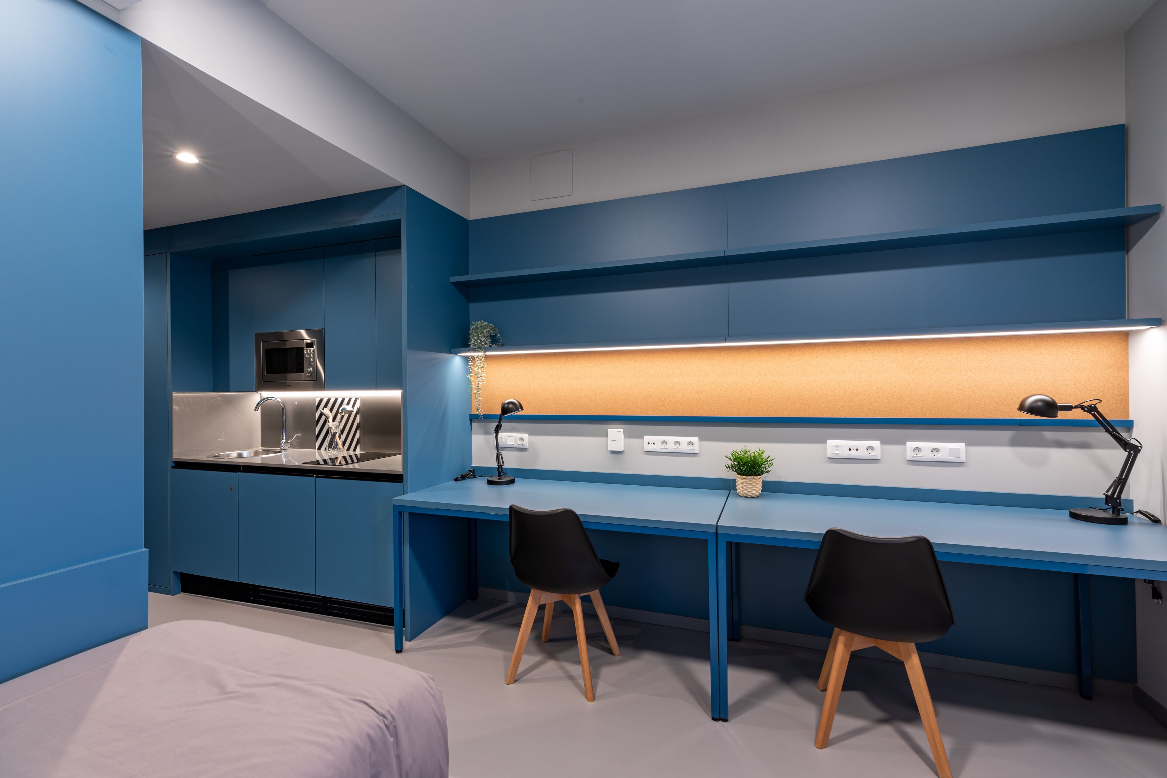 A modern bedroom with a blue accent wall, a bed, a desk with two chairs, a small plant, and a built-in microwave.