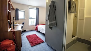 A bedroom with a bed, a desk, a chair, a red rug, and a wardrobe.