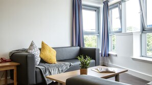 A modern living room with a grey sofa, a wooden coffee table, and a small side table. There are large windows with blue curtains, a ceiling light, and a potted plant on the coffee table.