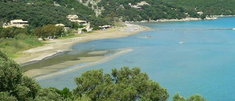 A coastal area with a beach, houses, and a hill with trees.