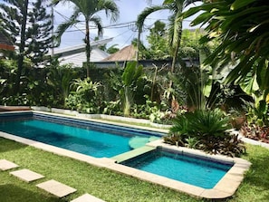 Una piscina rectangular con agua cristalina y azul, rodeada de césped cuidado y diversas plantas tropicales.